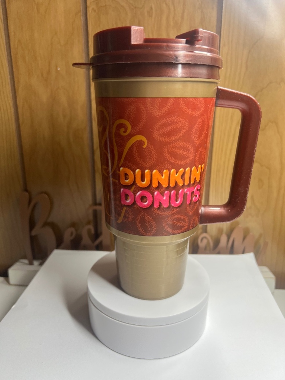 Vintage Dunkin Donuts Travel Mug Tumbler Coffee Cup Plastic Brown Handle Lid Lar